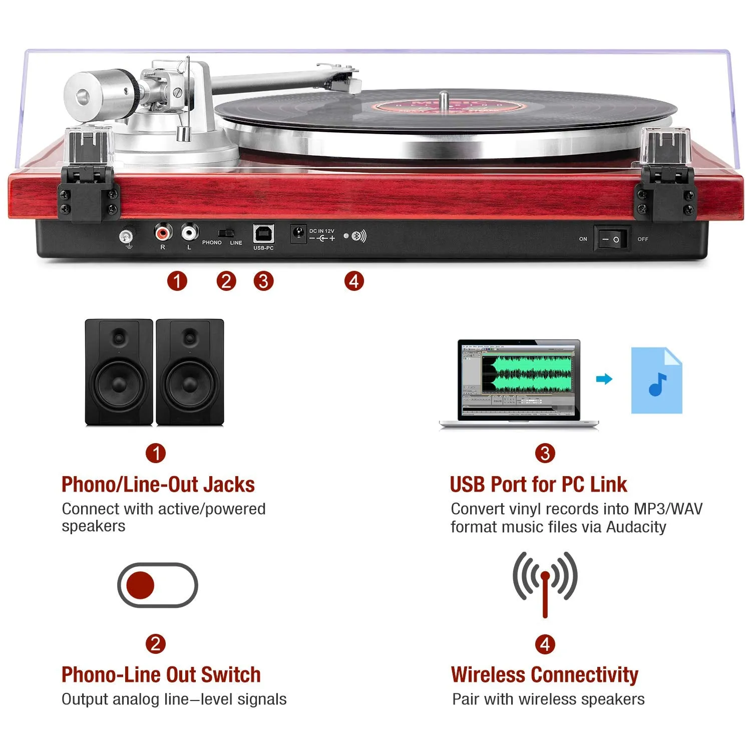 1 by ONE Belt Drive Turntable with Bluetooth Connectivity, Built-in Phono Pre-amp, USB Digital Output Vinyl Stereo Record Player with Magnetic Cartridge, 33 or 45 RPM