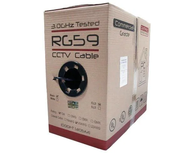 1000ft RG59 Coaxial Cable for CCTV: 20 AWG Bare Copper, 95% CCA Braid Shielding, Black or White Options