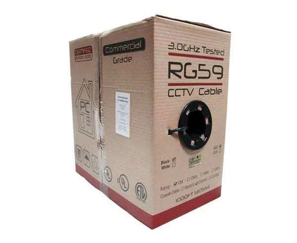 1000ft RG59 Coaxial Cable for CCTV: 20 AWG Bare Copper, 95% CCA Braid Shielding, Black or White Options