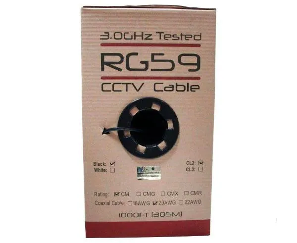 1000ft RG59 Coaxial Cable for CCTV: 20 AWG Bare Copper, 95% CCA Braid Shielding, Black or White Options