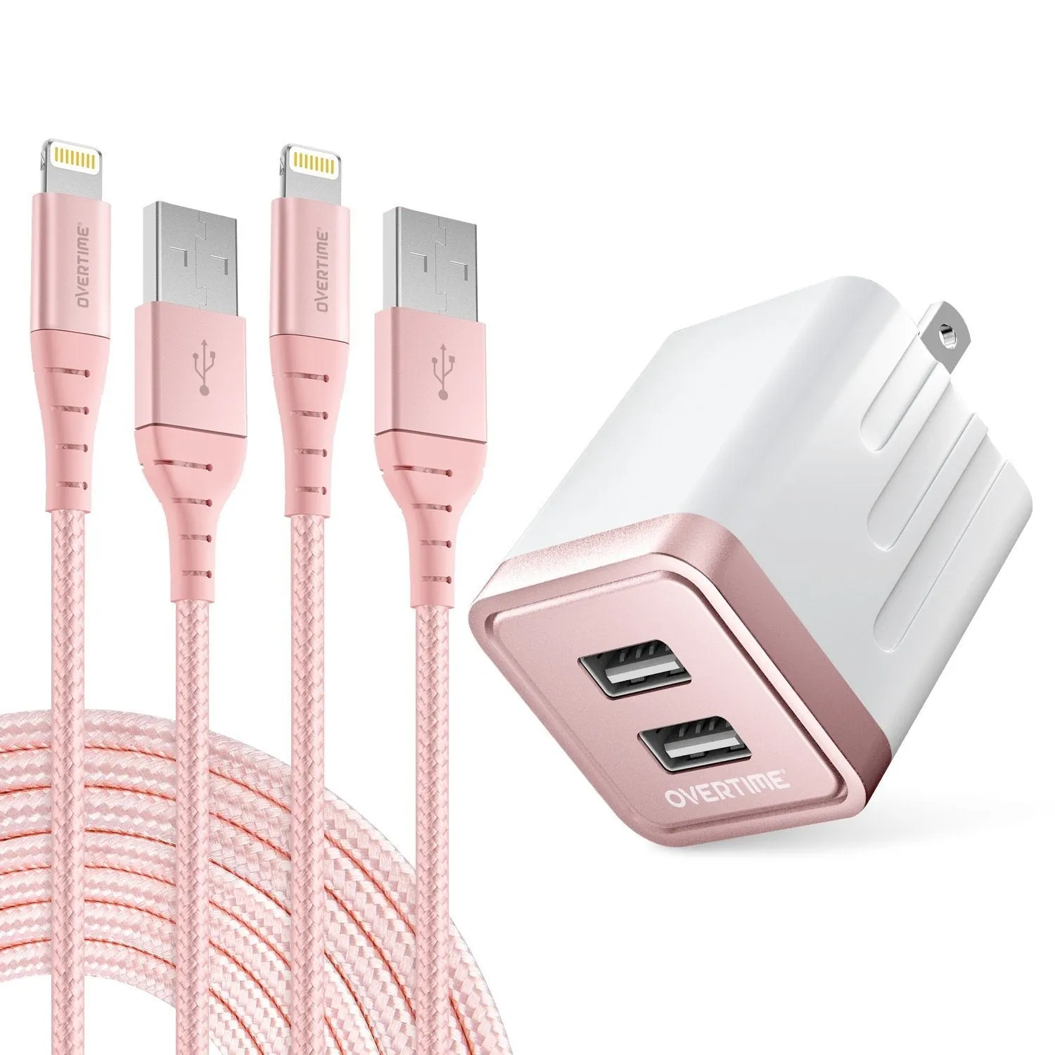 2-Pack: 10ft Overtime iPhone Charger Set with Dual USB Wall Charger Adapter