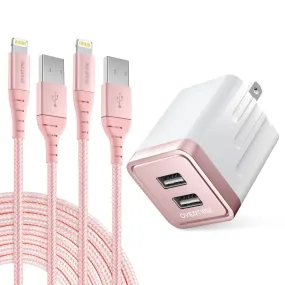 2-Pack: 10ft Overtime iPhone Charger Set with Dual USB Wall Charger Adapter