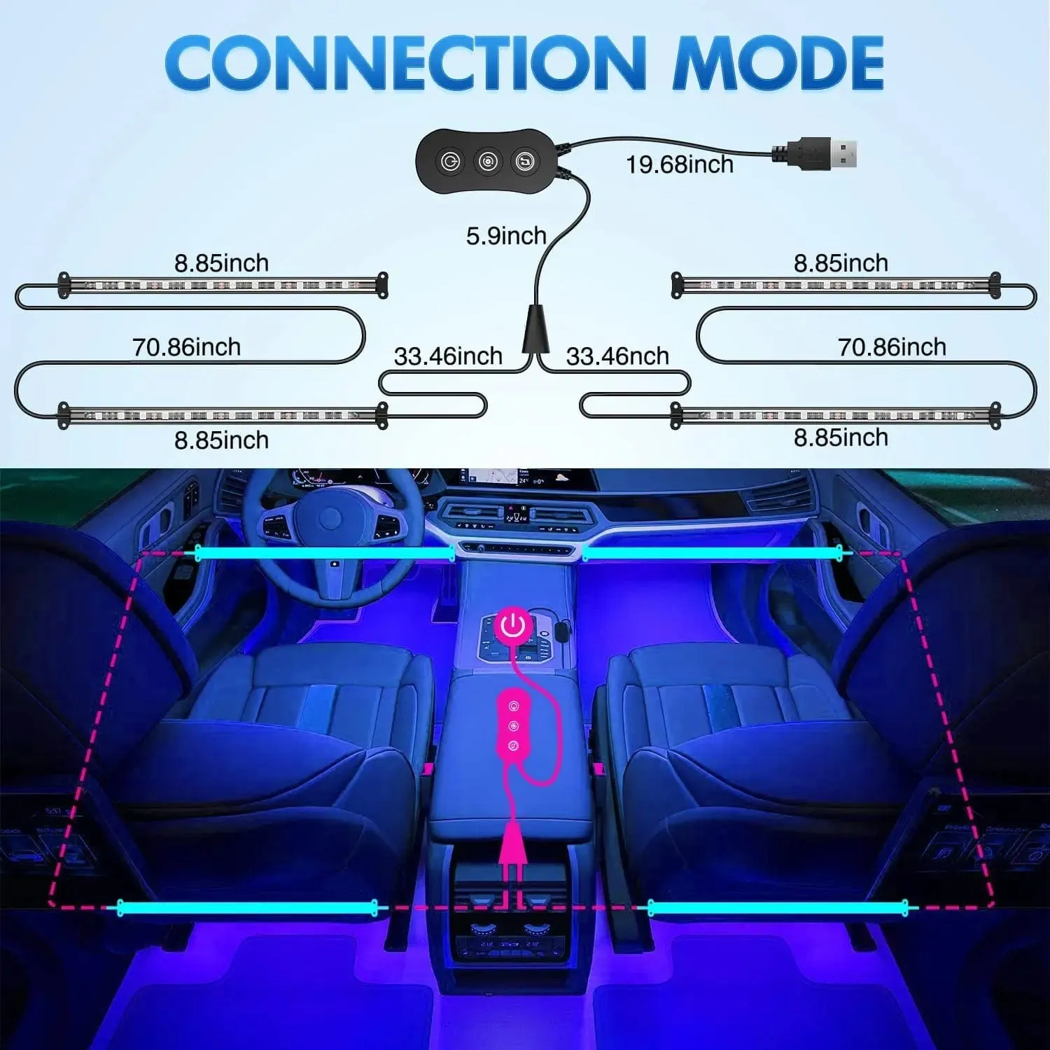 48Leds RGB USB Interior Light Strip APP Remote Control 4PCS