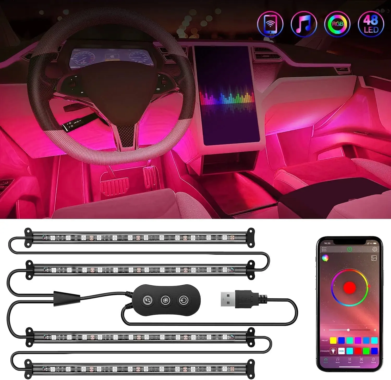 48Leds RGB USB Interior Light Strip APP Remote Control 4PCS