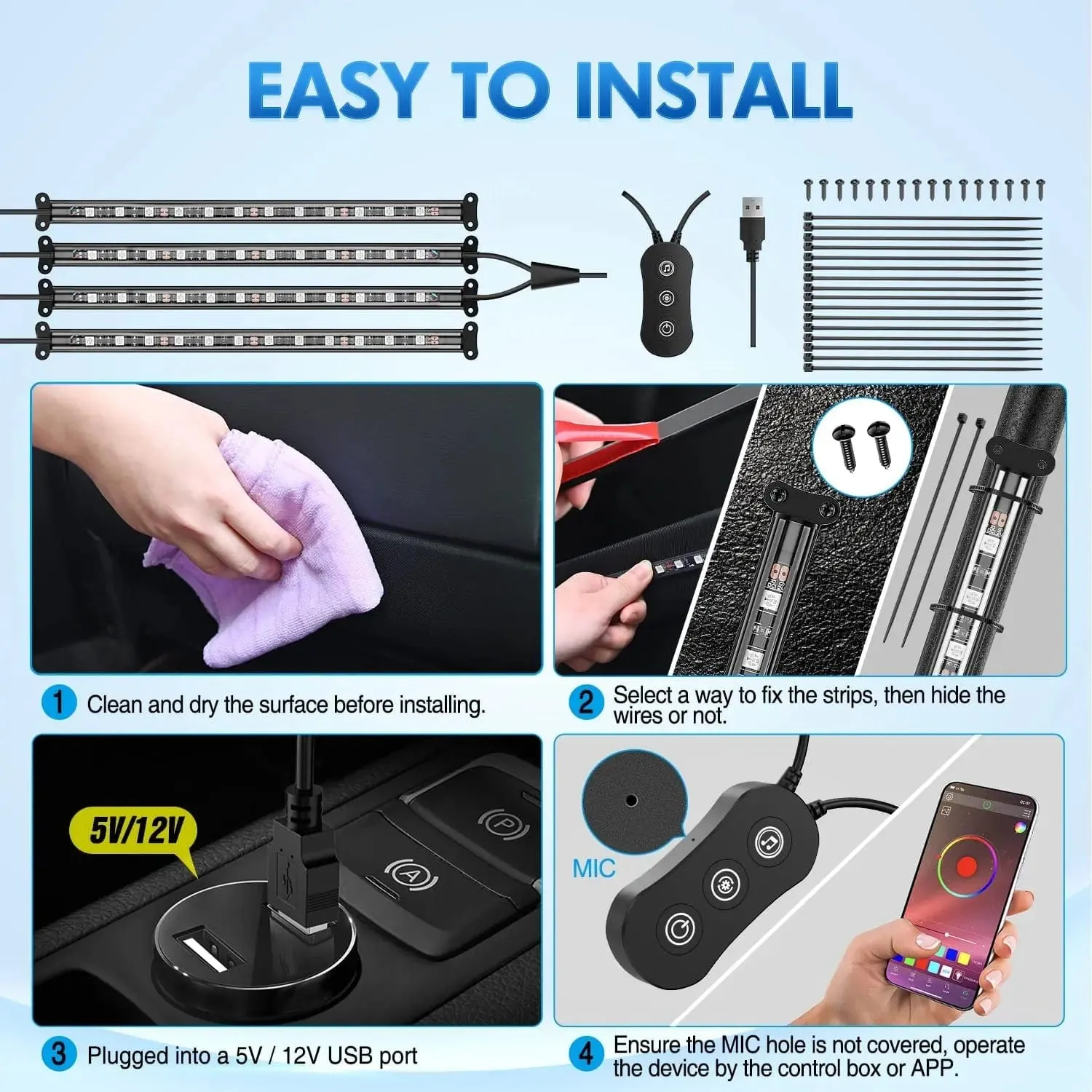 48Leds RGB USB Interior Light Strip APP Remote Control 4PCS