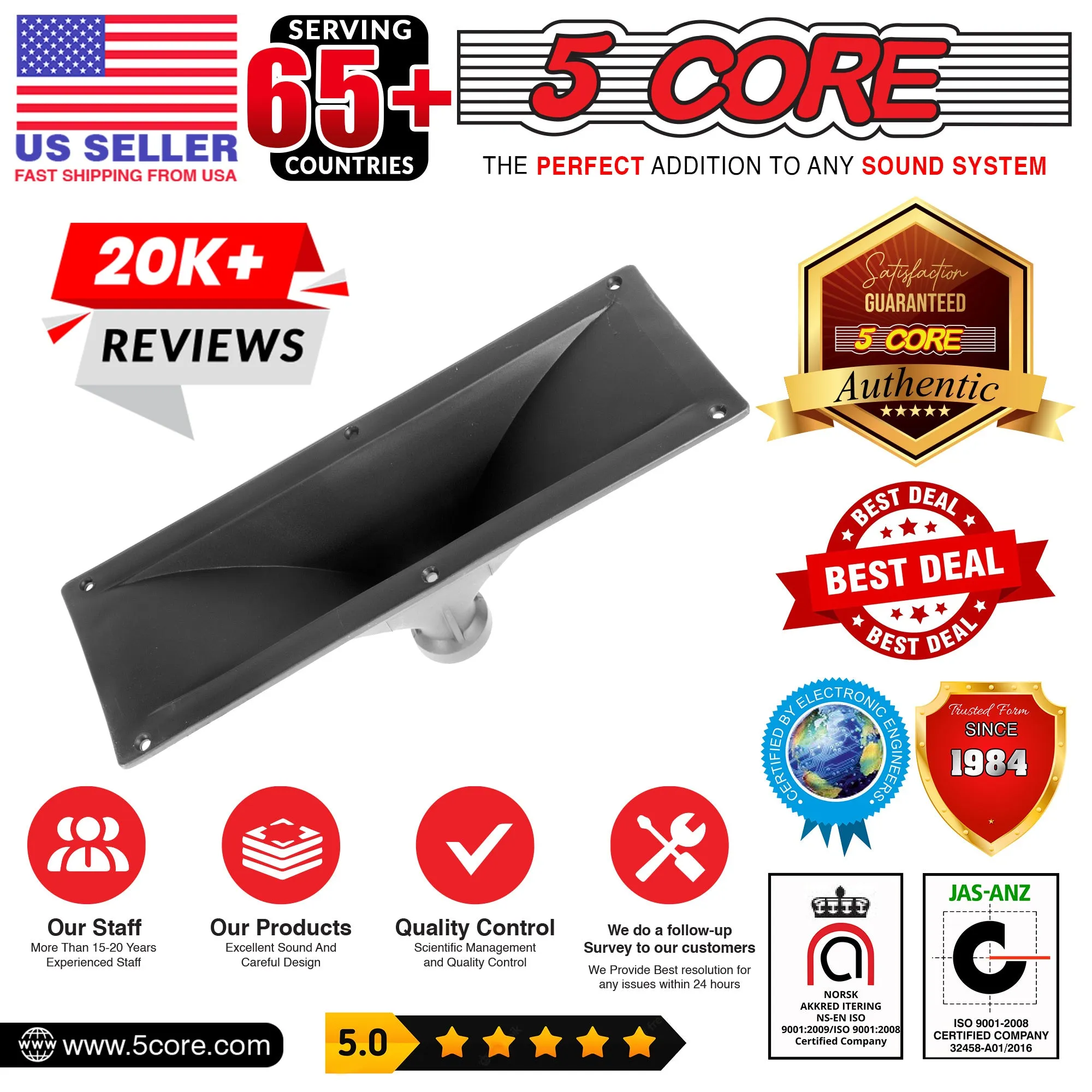 5 Core Horn Speaker Throat Black Screw On Tweeter Driver Horn 15x5 Inch Rectangle All Weather Directivity Speaker Horn Throat - HISE 15X5 1PC