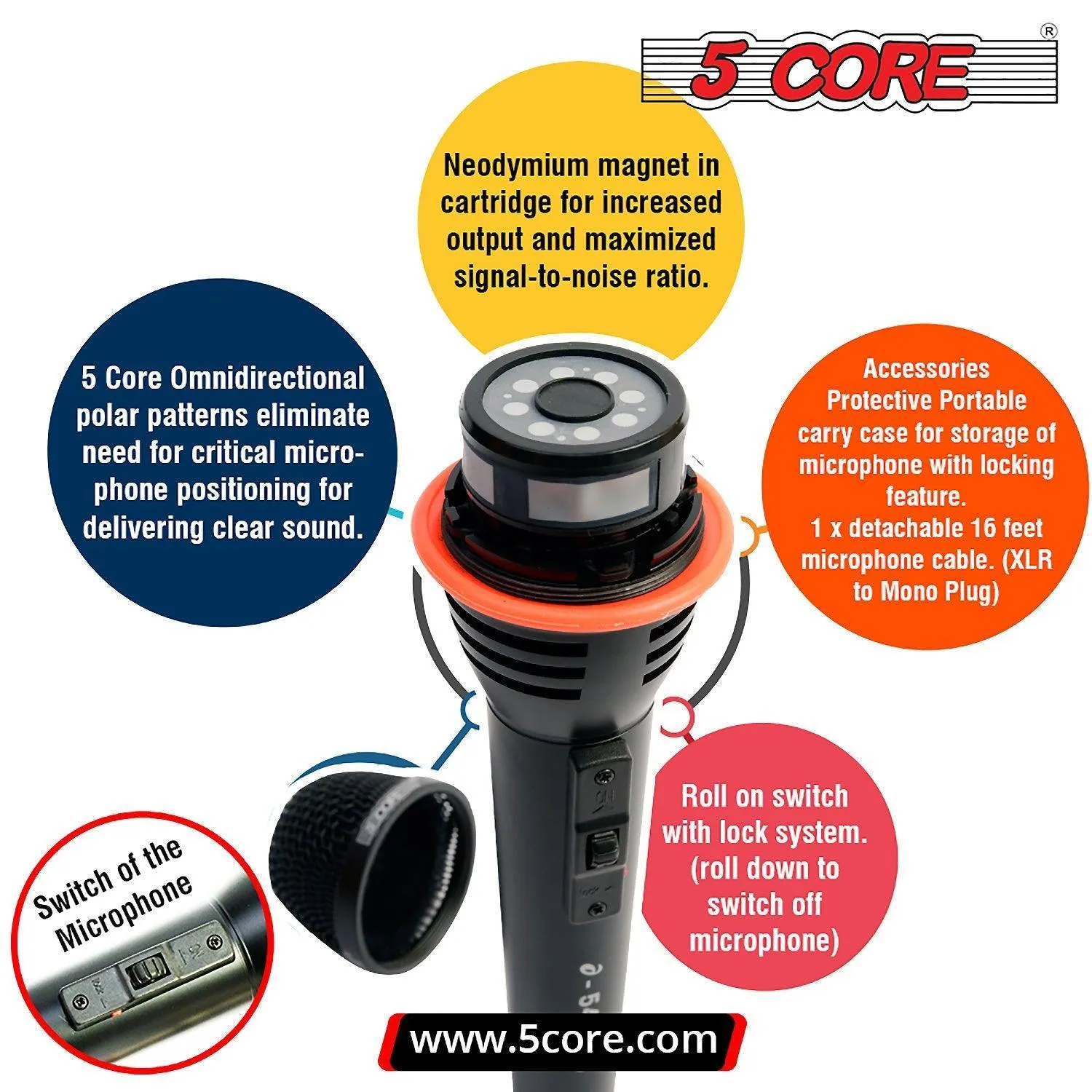 5Core Microphone Pro Microfono Dynamic Mic XLR Audio Cardiod Vocal