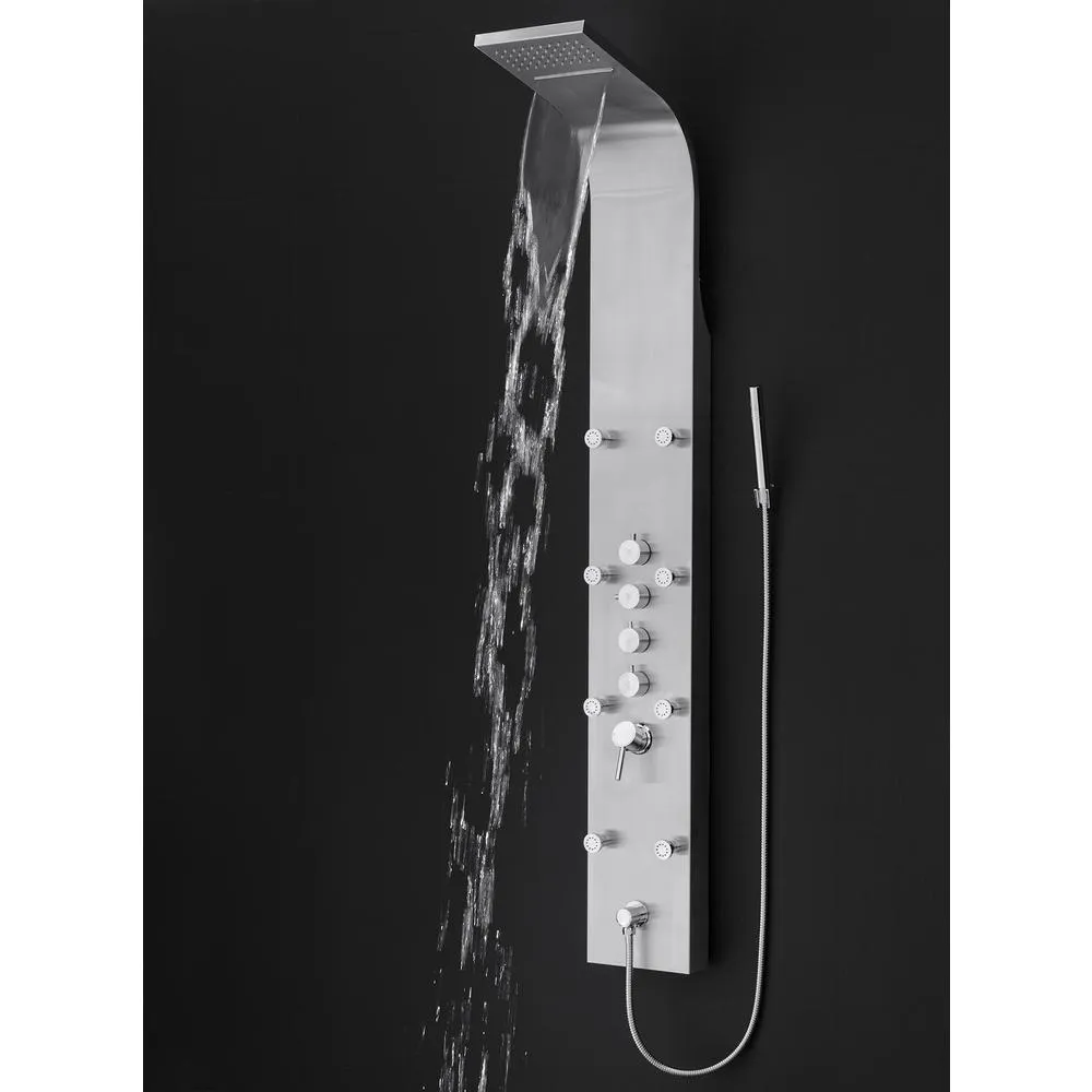 65 in. 8-Jet Rainfall Shower Panel System with Rainfall Waterfall Shower Head and Shower Wand in Stainless Steel