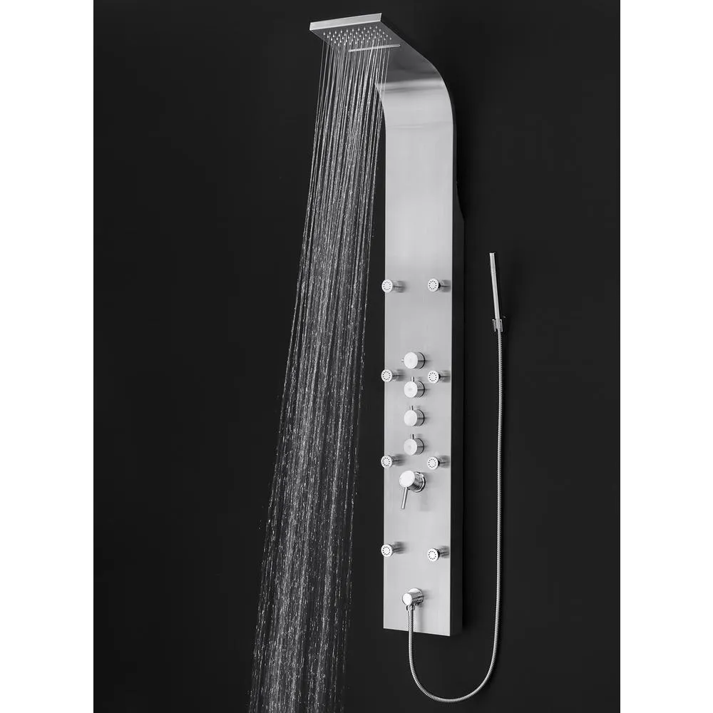 65 in. 8-Jet Rainfall Shower Panel System with Rainfall Waterfall Shower Head and Shower Wand in Stainless Steel