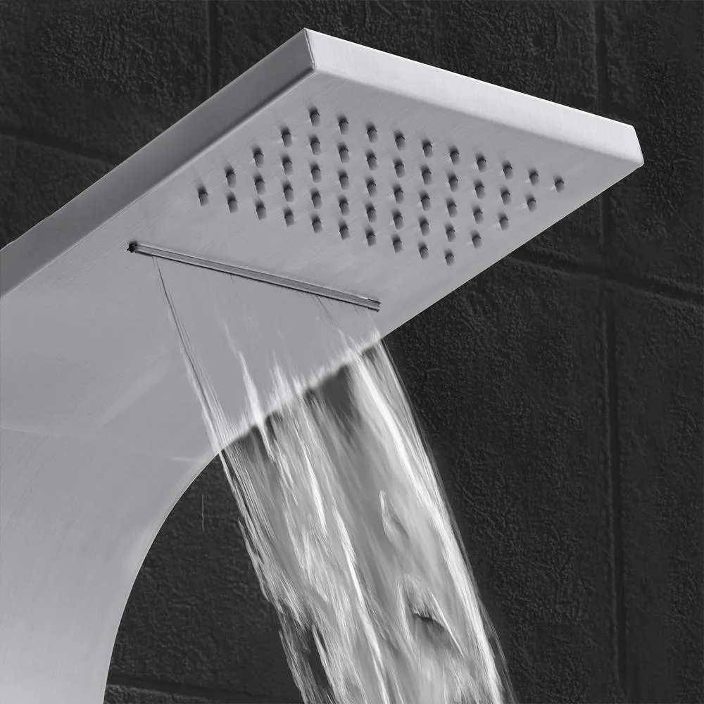 65 in. 8-Jet Rainfall Shower Panel System with Rainfall Waterfall Shower Head and Shower Wand in Stainless Steel