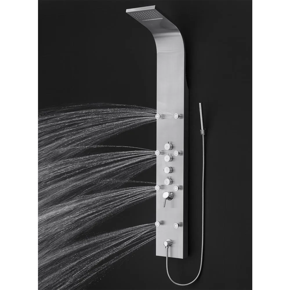 65 in. 8-Jet Rainfall Shower Panel System with Rainfall Waterfall Shower Head and Shower Wand in Stainless Steel