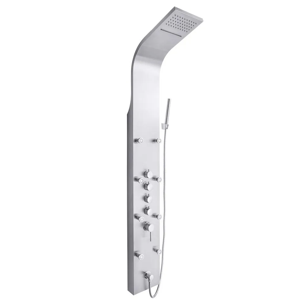 65 in. 8-Jet Rainfall Shower Panel System with Rainfall Waterfall Shower Head and Shower Wand in Stainless Steel