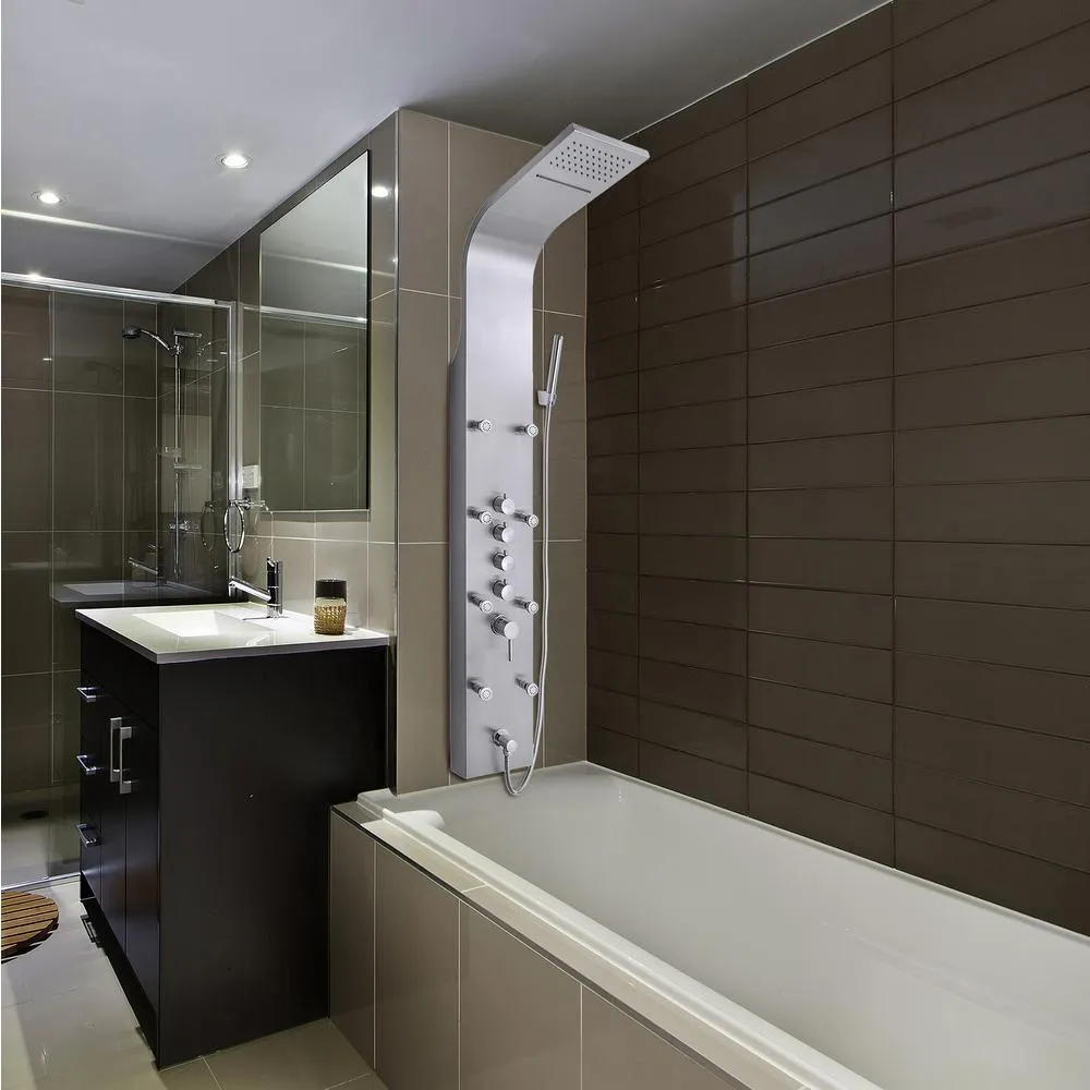 65 in. 8-Jet Rainfall Shower Panel System with Rainfall Waterfall Shower Head and Shower Wand in Stainless Steel