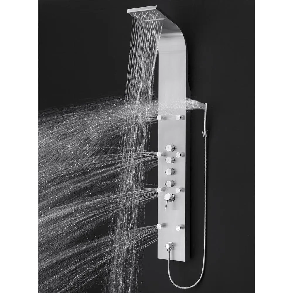65 in. 8-Jet Rainfall Shower Panel System with Rainfall Waterfall Shower Head and Shower Wand in Stainless Steel