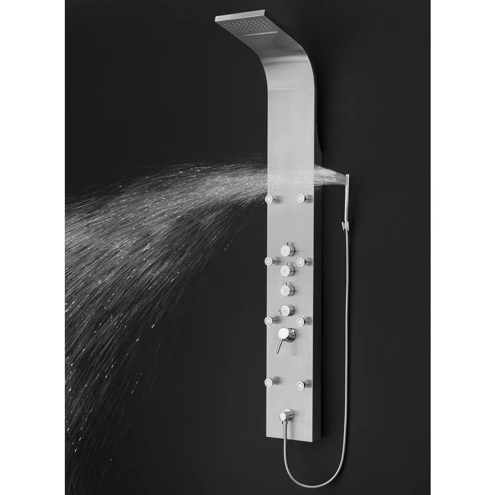 65 in. 8-Jet Rainfall Shower Panel System with Rainfall Waterfall Shower Head and Shower Wand in Stainless Steel