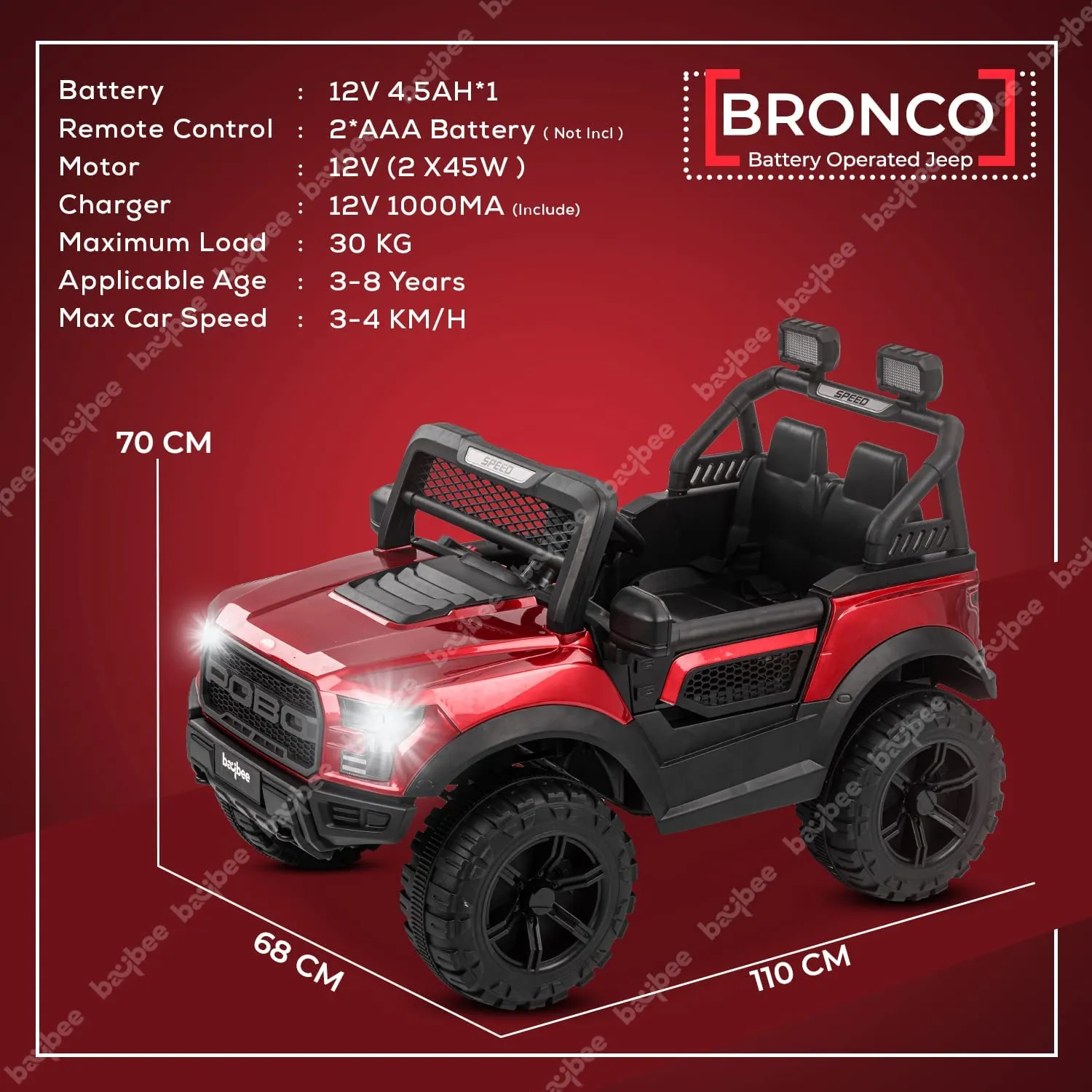 Baybee Bronco Kids Battery Operated Jeep for Kids with RGB Light & Music (Painted)