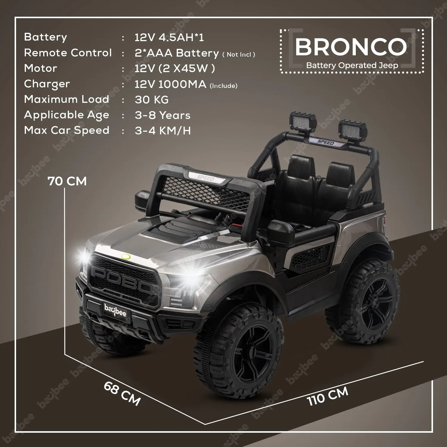 Baybee Bronco Kids Battery Operated Jeep for Kids with RGB Light & Music (Painted)