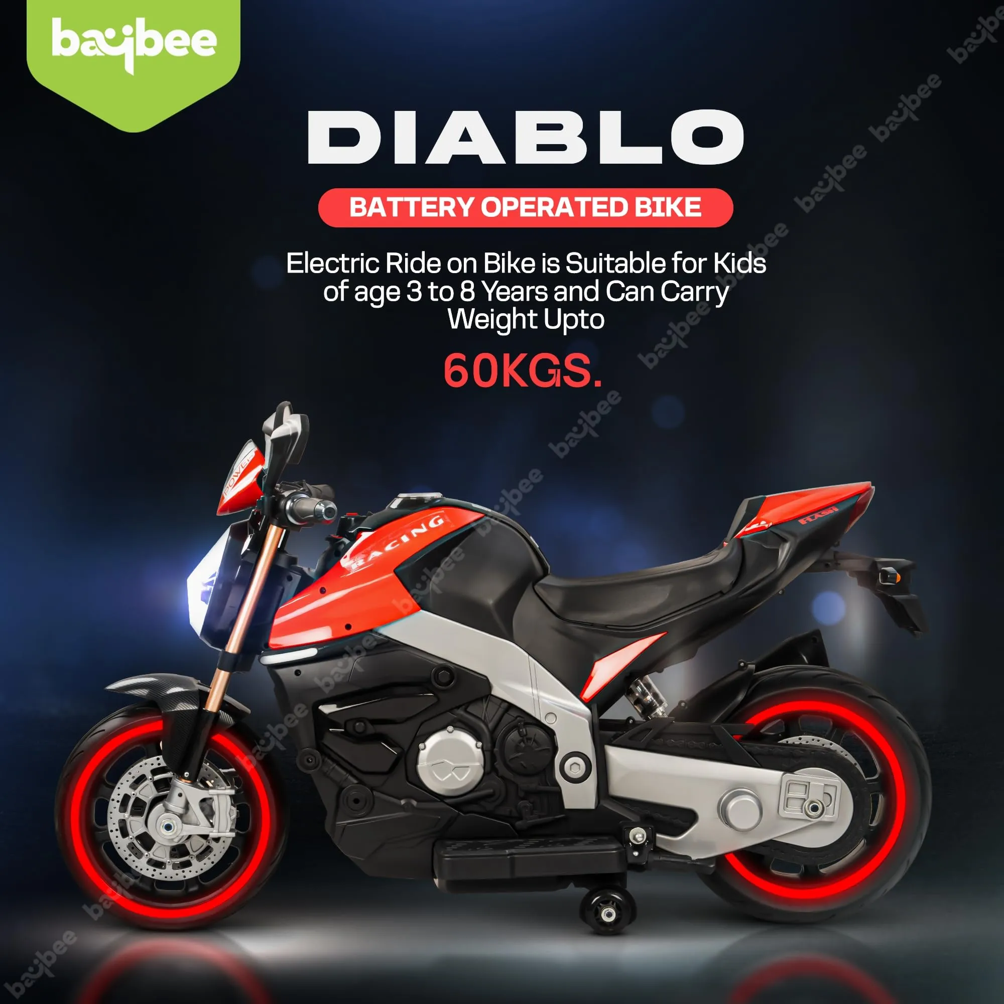 Baybee Racing series Battery Operated Bike with LED Light, Bluetooth & Music Bike for Kids to Drive 3 to 8 Years Boys Girls