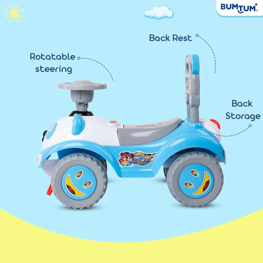 BUMTUM Baby Ruff Rider Push Car with Backrest Musical Horn Toy | Ride-On Car Suitable for Kids Boys & Girls (Blue)