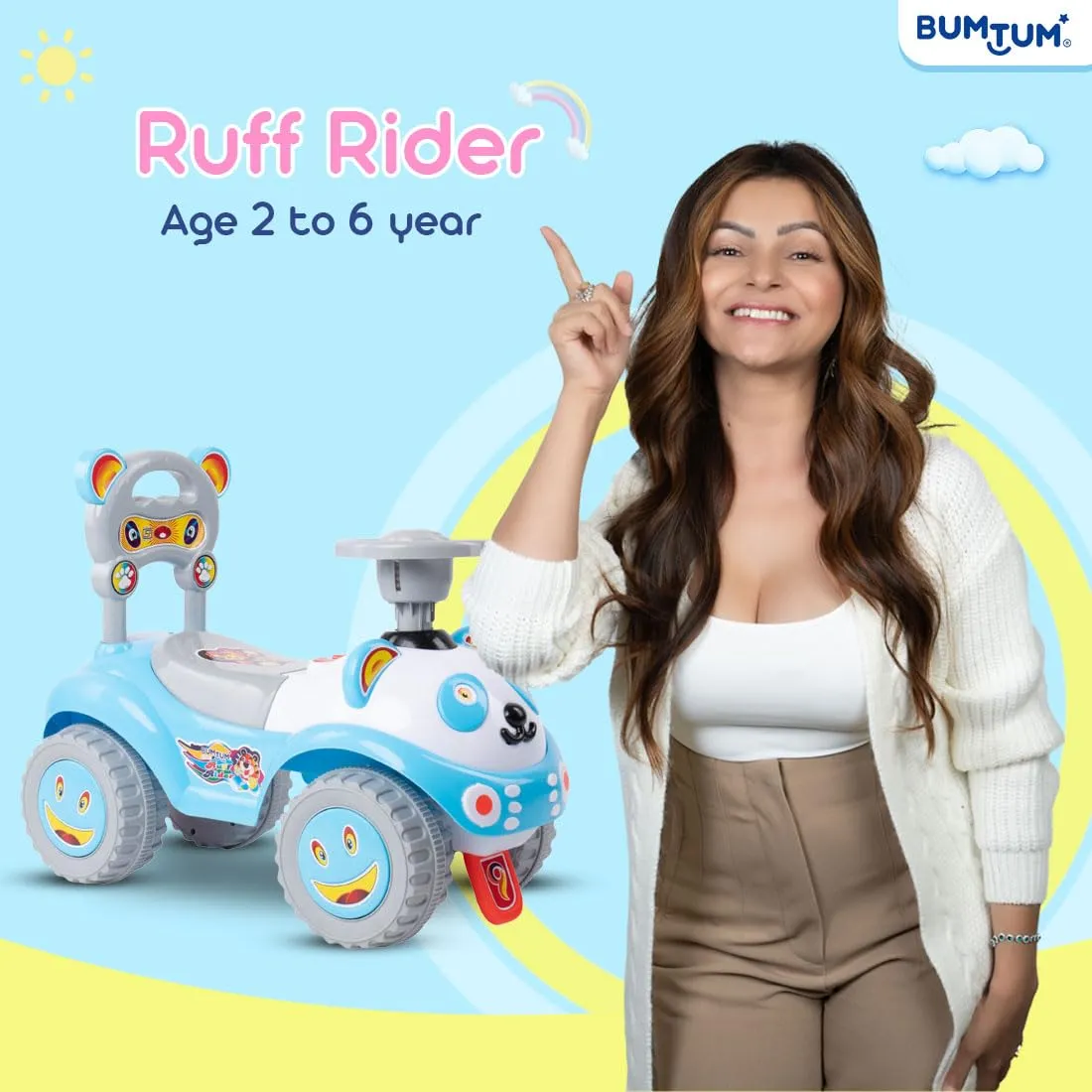 BUMTUM Baby Ruff Rider Push Car with Backrest Musical Horn Toy | Ride-On Car Suitable for Kids Boys & Girls (Blue)