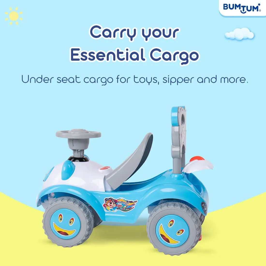 BUMTUM Baby Ruff Rider Push Car with Backrest Musical Horn Toy | Ride-On Car Suitable for Kids Boys & Girls (Blue)