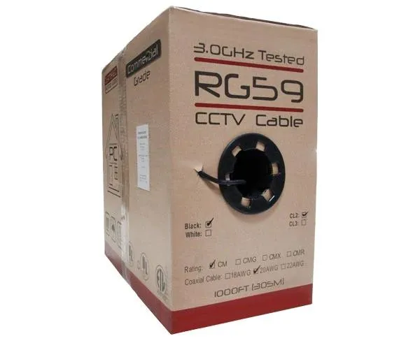 CCTV RG59 Coaxial Cable: 20 AWG Bare Copper, 95% Bare Copper Braid Shielding, 1000ft, Black