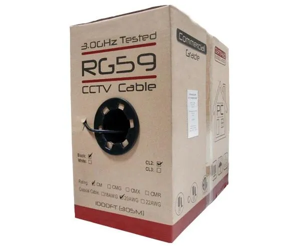 CCTV RG59 Coaxial Cable: 20 AWG Bare Copper, 95% Bare Copper Braid Shielding, 1000ft, Black