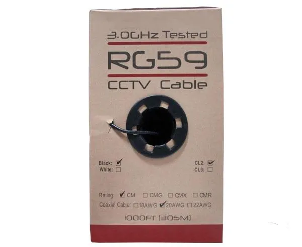 CCTV RG59 Coaxial Cable: 20 AWG Bare Copper, 95% Bare Copper Braid Shielding, 1000ft, Black