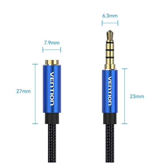 [CLEARANCE] Vention TRRS 3.5mm Male to Female Audio Extension AUX Cable Aluminum Type Alloy Cotton Braided for Speakers, Laptops, MP3 and DVD Players, TV (Black, Blue) (0.5M, 1M, 1.5M, 2M, 3M, 5M) | BHC