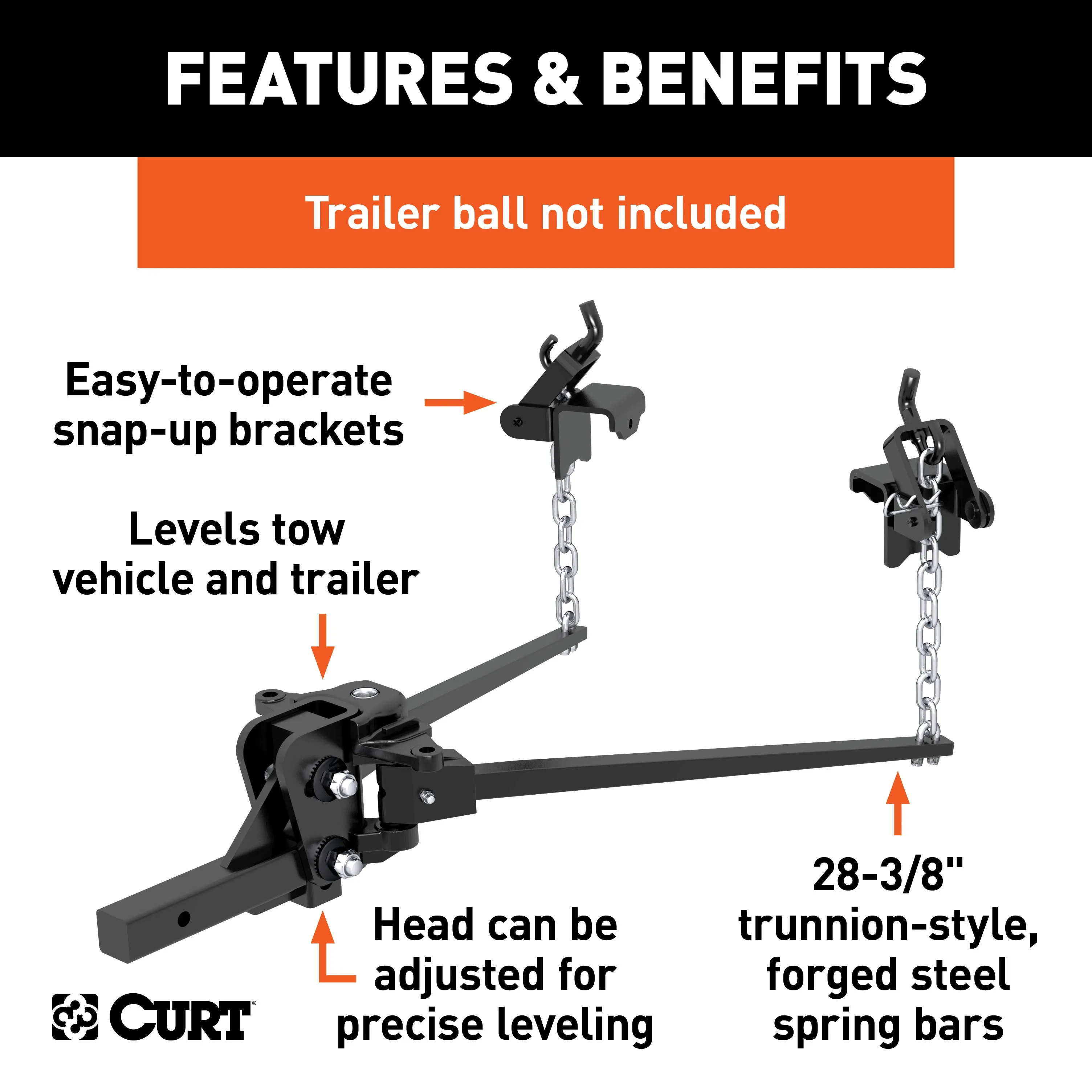 CURT 17333 CURT 17333 Short Trunnion Bar Weight Distribution Hitch; Up to 15K; 2-Inch Shank
