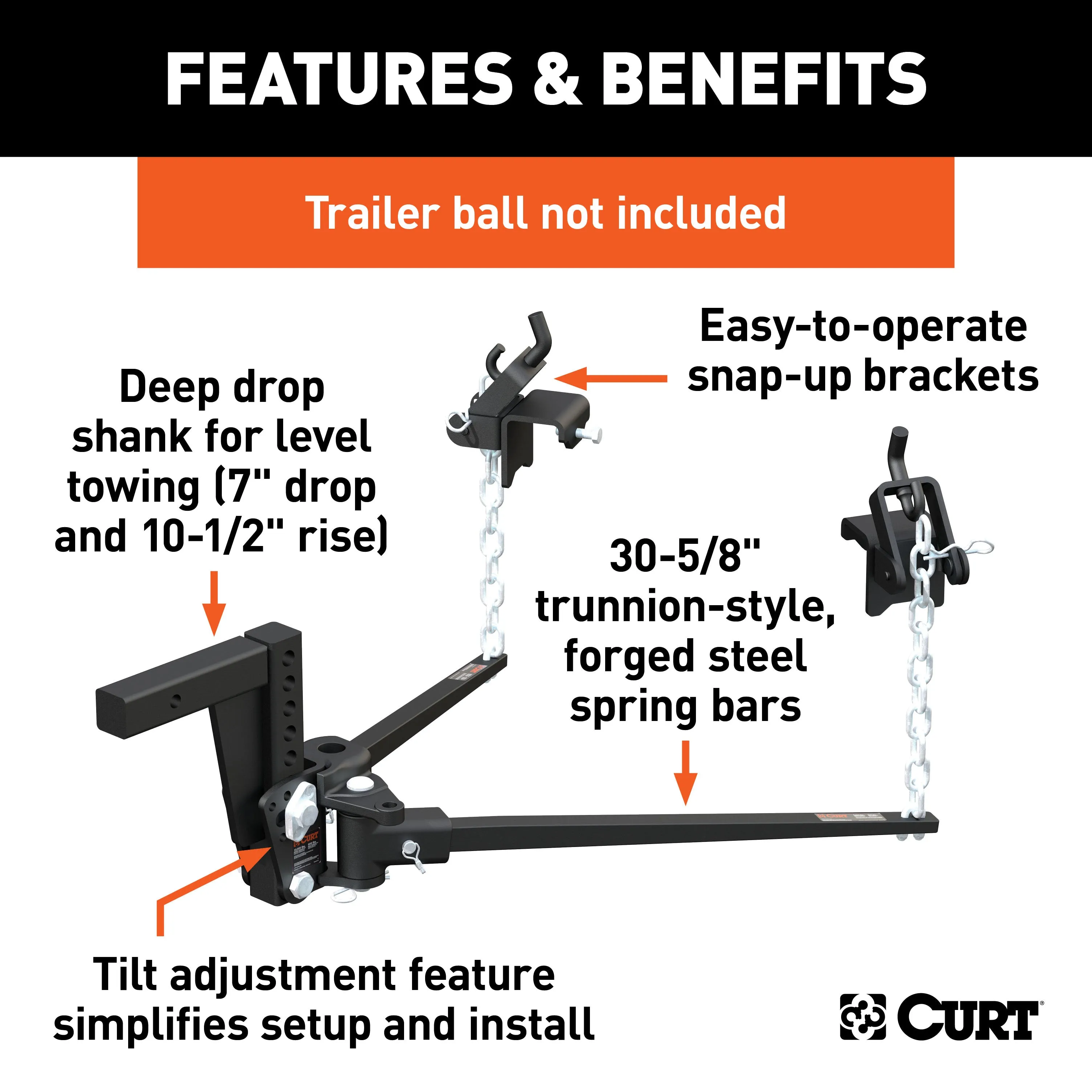 CURT 17352 CURT 17352 Deep Drop Trunnion Weight Distribution Hitch; Up to 10K; 2-Inch Shank