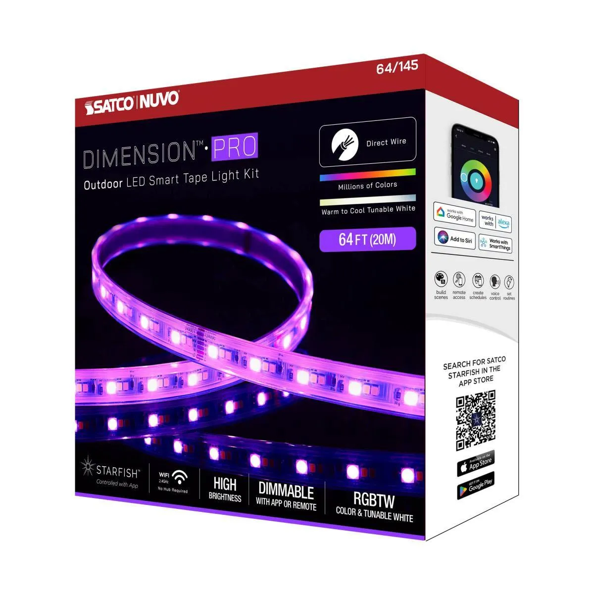 Dimension Pro Outdoor Smart LED Tape Light Kit with Remote, 65ft Reel, Color Changing RGB and Tunable White, 24V, J-Box Connection