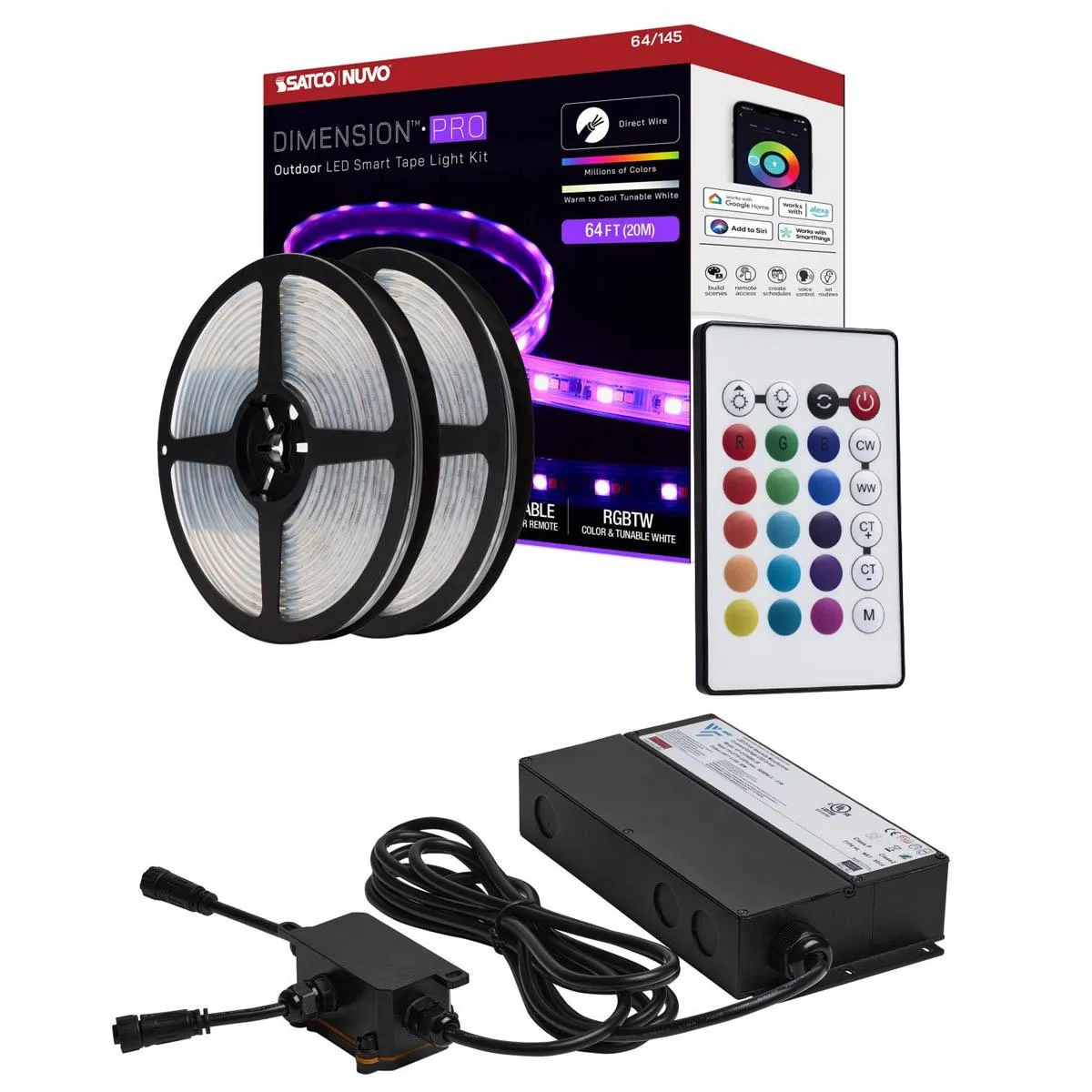 Dimension Pro Outdoor Smart LED Tape Light Kit with Remote, 65ft Reel, Color Changing RGB and Tunable White, 24V, J-Box Connection