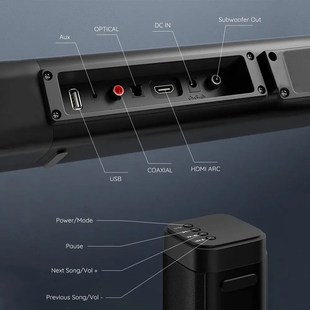 DR.J Professional Soundbar with Subwoofer, 2.1 CH Separable Sound Bars for TV, Bluetooth/Hdmi-Arc/Aux/Opt 3D Surround Sound