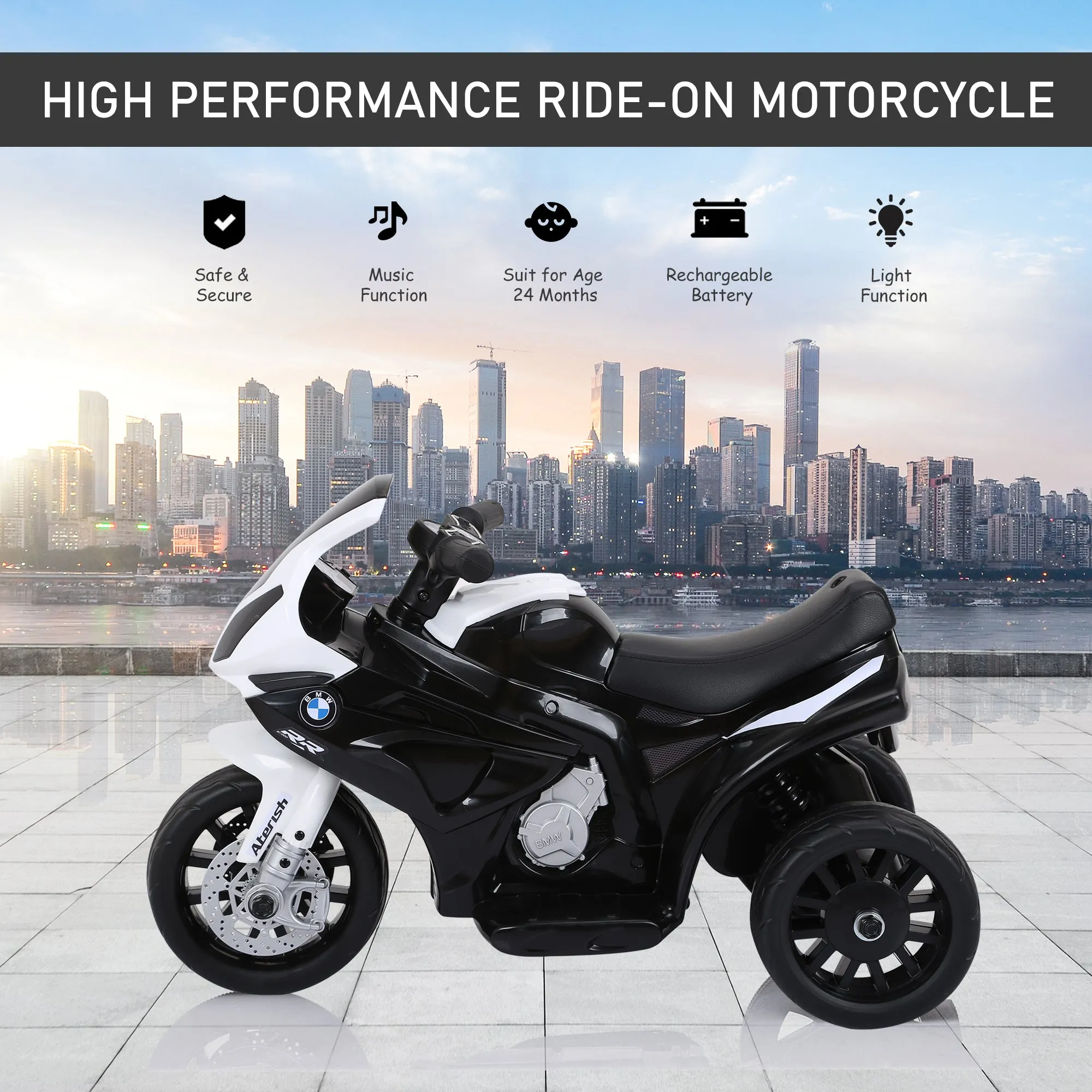 HOMCOM Kids Black Electric Ride on Motorcycle BMW S1000RR with Headlights Music
