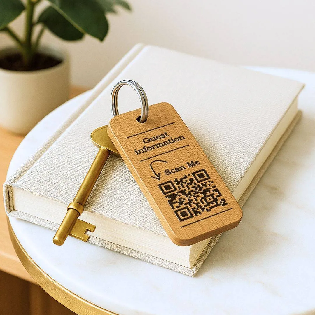 Hotel Guesthouse QR Code Keyring I Personalised Wooden Scanable Website Keyring I Custom QR Code Keychain