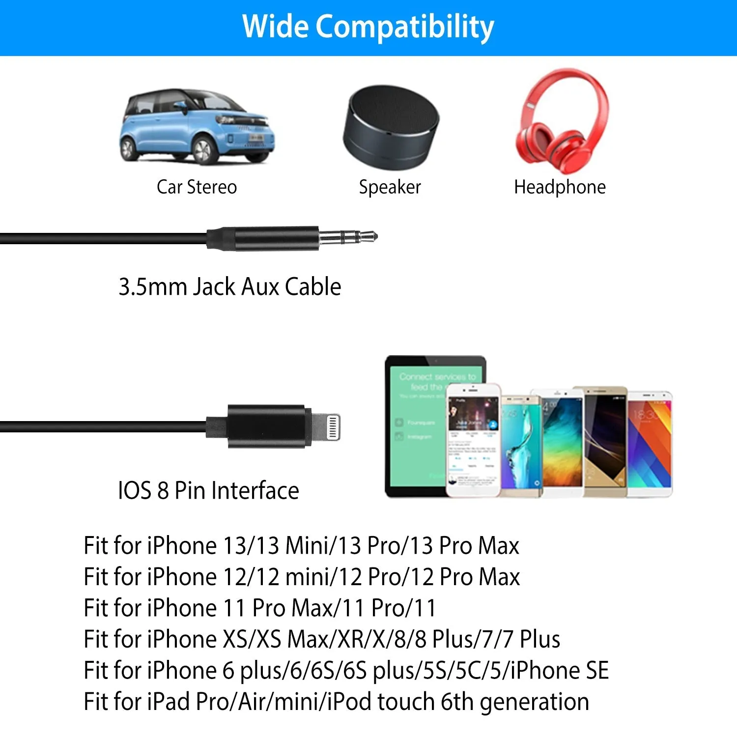 iOS 8 Pin to 3.5mm Aux Audio Adapter Cord
