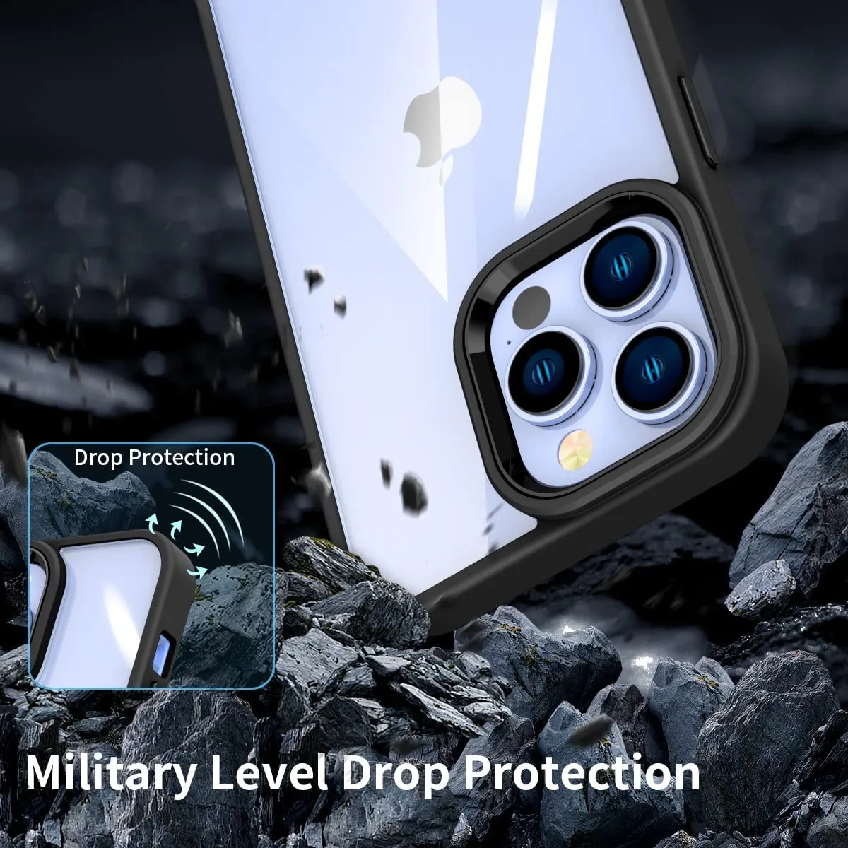 iPhone 14 Pro Case, PMMA Clear Aluminum Button Cover Hybrid Protective Case Black