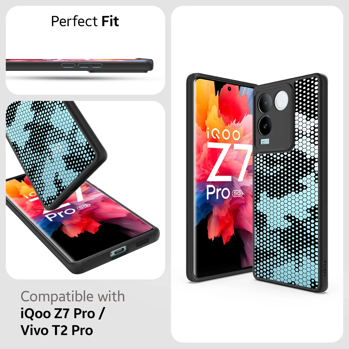 IQOO Z7 Pro/Vivo T2 Pro (FOSO) Back Cover Case - Black (Honeycomb)