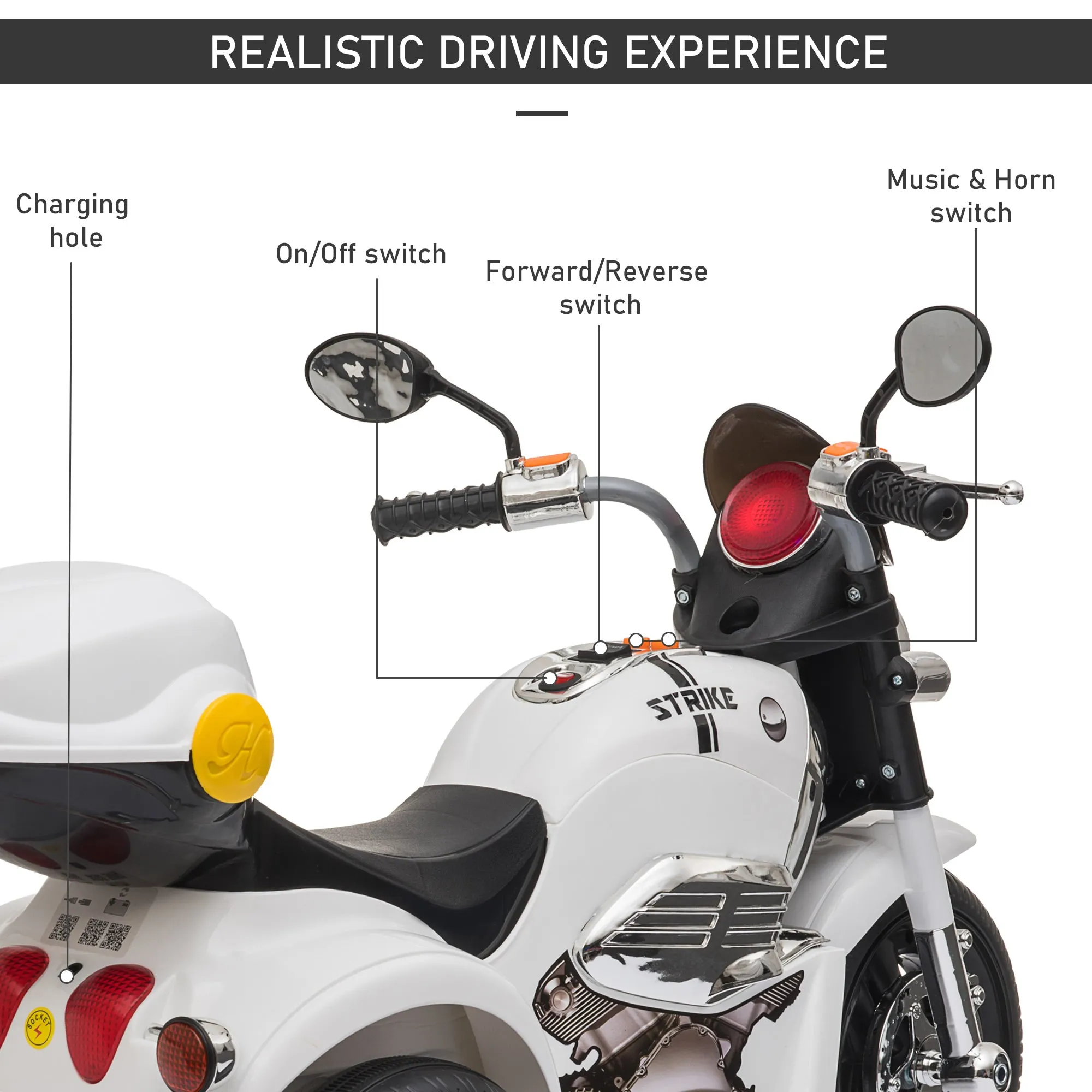 Kids 6V Battery PP Motorcycle Ride On Trike w/ Lights Music Horn 18 - 36 Months White