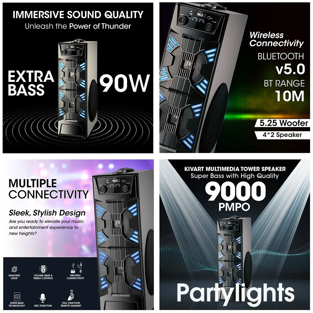 Kivart Thunder | 90W output | Karaoke Microphone | RGB Lights | Super Bass 9000 PMPO | Bluetooth 5.0