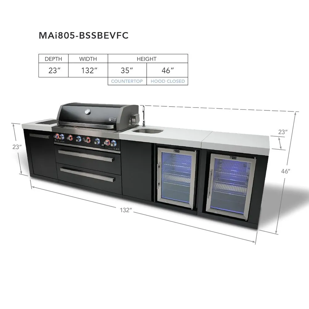 Mont Alpi MAi805-BSSBEVFC Black, Propane 6-Burner Island with Beverage Center & Fridge Cabinet