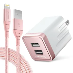 Overtime iPhone Charger Set, Apple MFi Certified Lightning Cable 10ft with Dual USB Wall Charger Adapter - Rose Gold