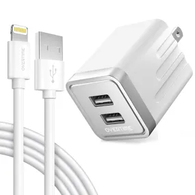 Overtime iPhone Charger Set | Apple MFi Certified Lightning Cable 6ft with Dual USB Wall Charger Adapter - White