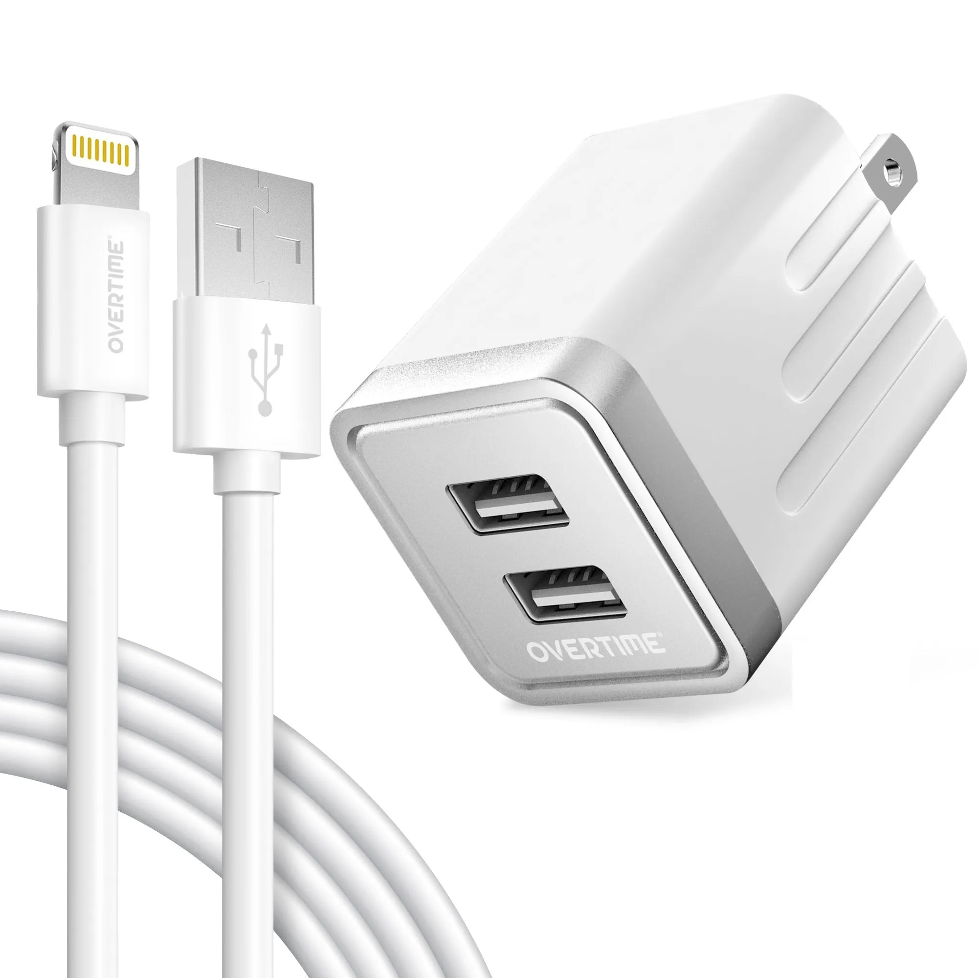 Overtime iPhone Charger Set | Apple MFi Certified Lightning Cable 6ft with Dual USB Wall Charger Adapter - White