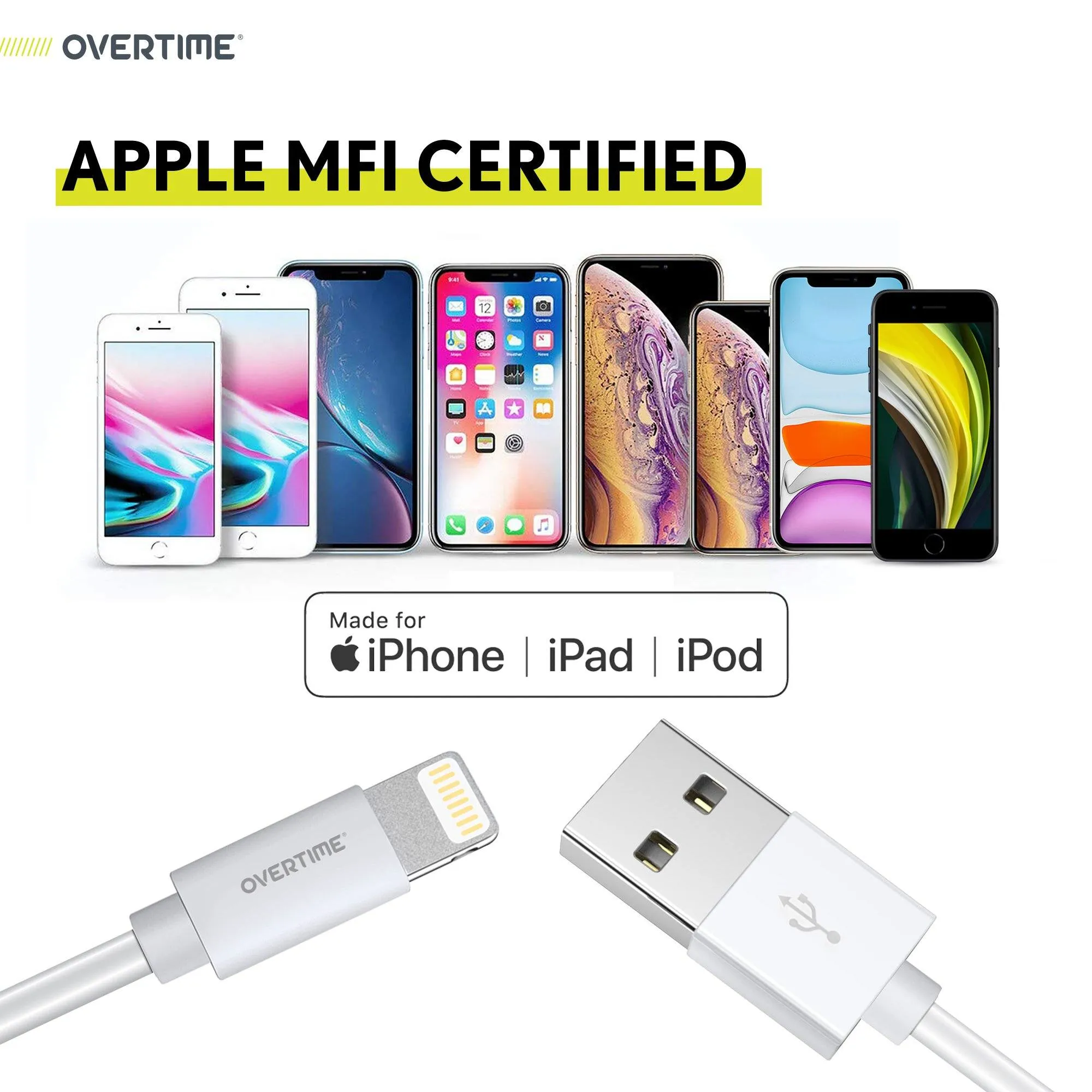 Overtime iPhone Charger Set | Apple MFi Certified Lightning Cable 6ft with Dual USB Wall Charger Adapter - White