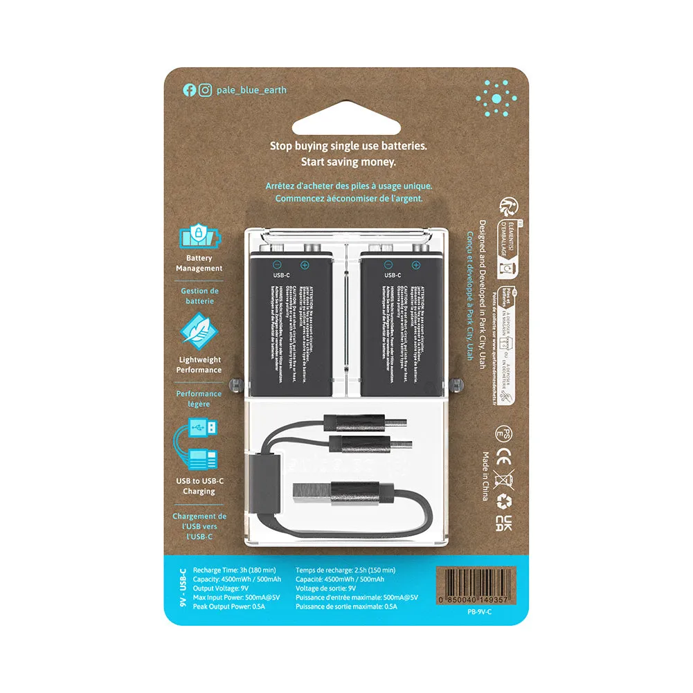 PaleBlue 9V Lithium Ion USB-C Rechargeable Batteries (2 Pack)