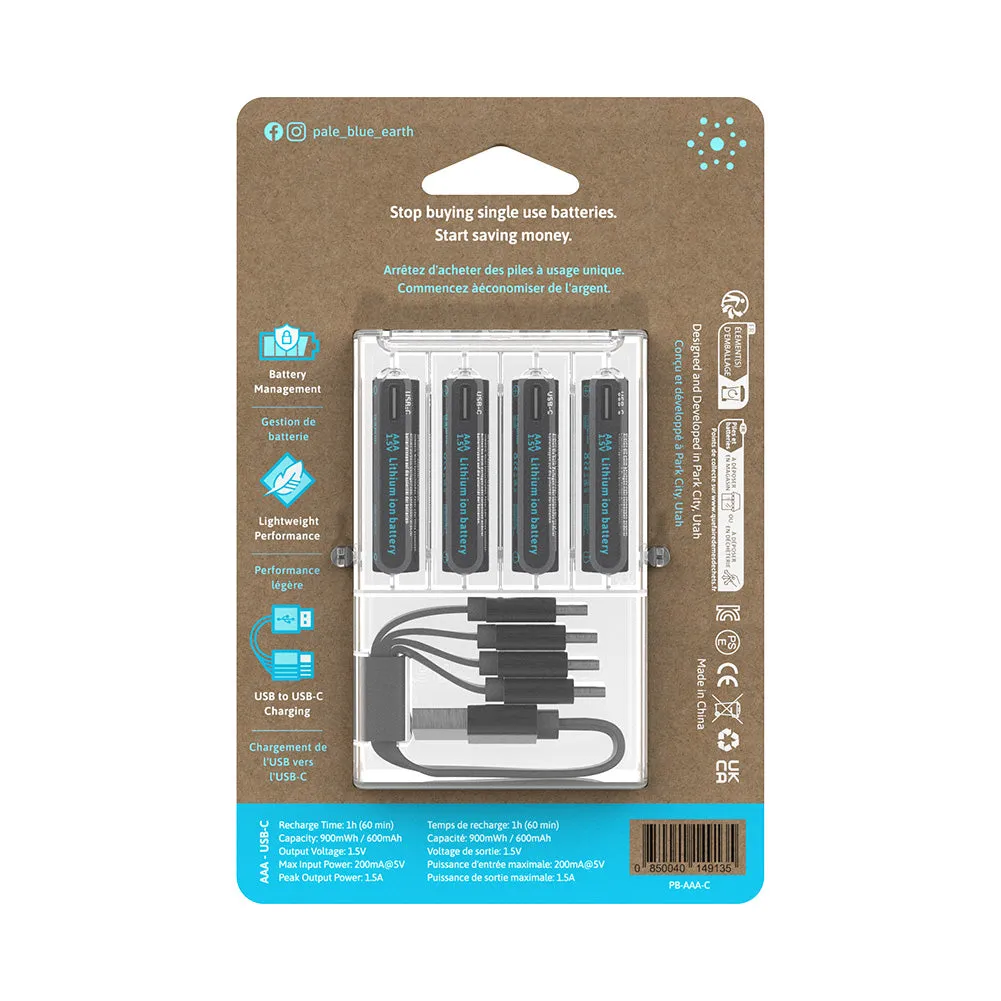 Paleblue AAA Lithium Ion USB-C Rechargeable Batteries (4 Pack)