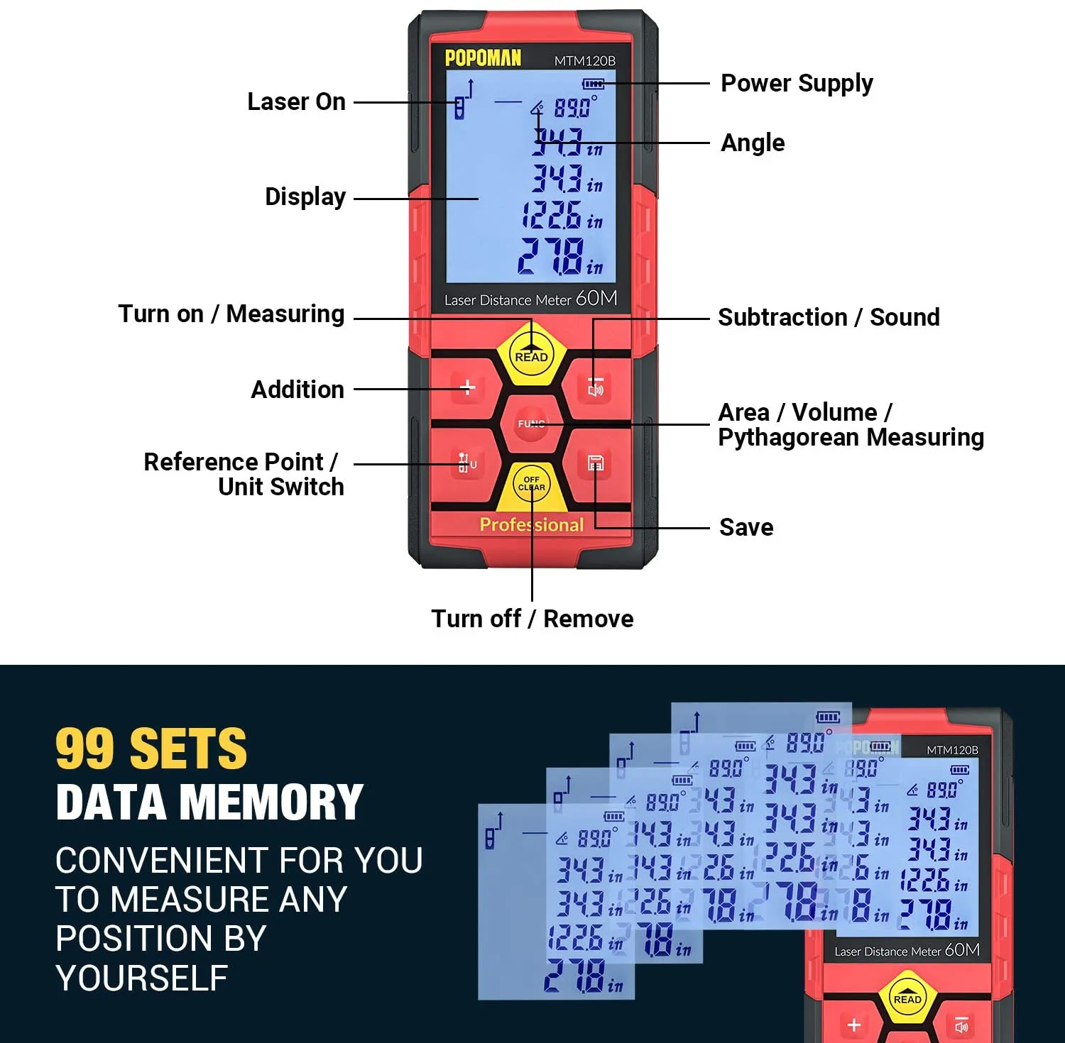 POPOMAN Laser Measure Rechargeable, 196Ft M/In/Ft Classic Mute Laser Distance Meter with Electronic Angle Sensor,Backlit LCD and Pythagorean Mode,Measure Distance,Area and Volume,Carry Pouch - MTM120B
