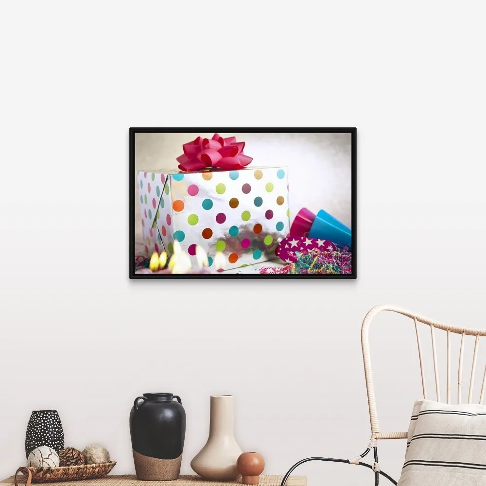 "Birthday gift and streamers" Black Float Frame Canvas Art